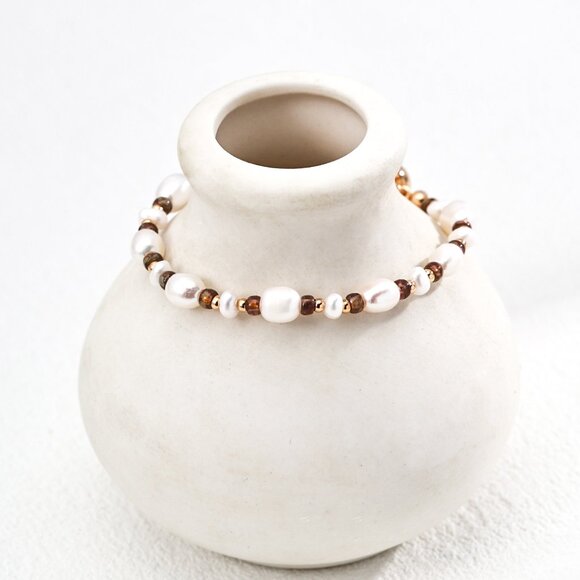 ✨ Artisan Original Design Freshwater Pearl & Amber Glass Beaded Bracelet | S925 - Picture 4 of 9